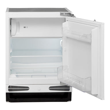 Husky 115L Integrated Bar Fridge and Freezer, door open showing shelf, freezer box and door storage