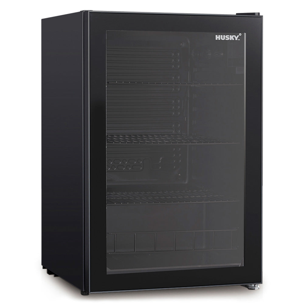 Husky 130L Glass Door Bar Fridge in black, front view