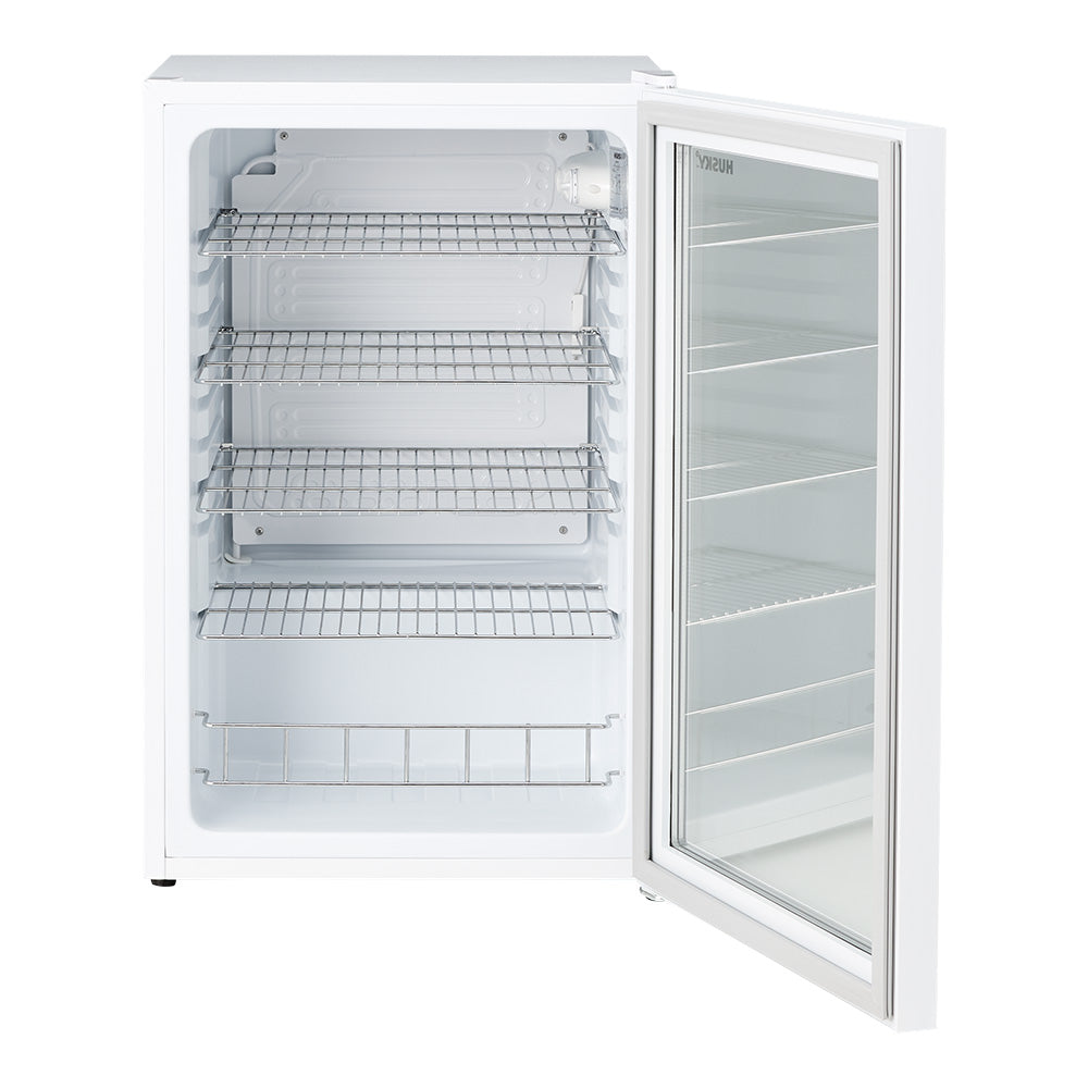 Husky 130L glass door bar fridge in white, angled view