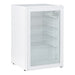 Husky 130L glass door bar fridge interior with four adjustable wire shelves and LED light