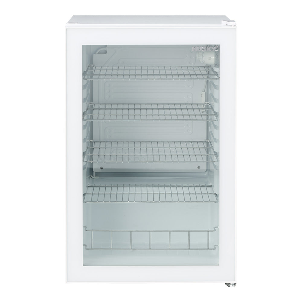 Husky 130L Anti-Condensation Glass Door Bar Fridge in white, front view