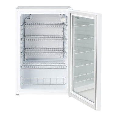 Husky 130L anti-condensation glass door bar fridge in white, angled view