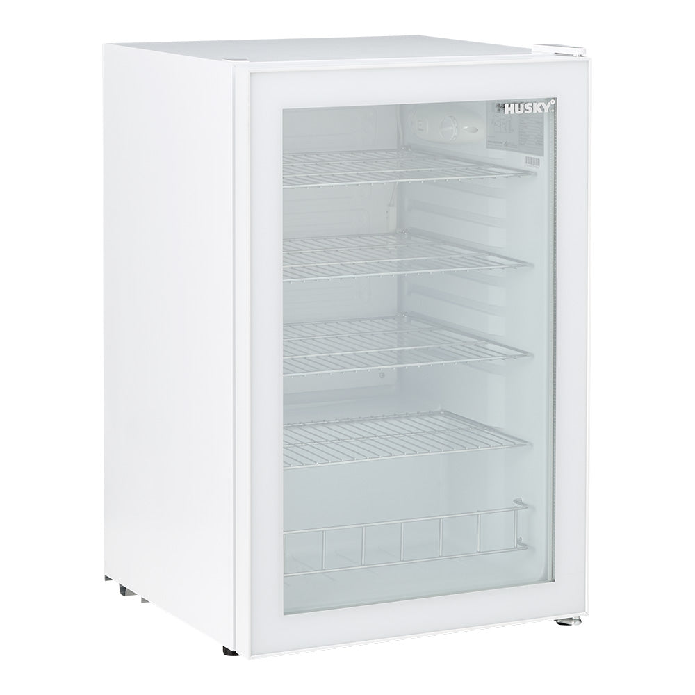 Husky 130L anti-condensation glass door bar fridge interior with wire shelves