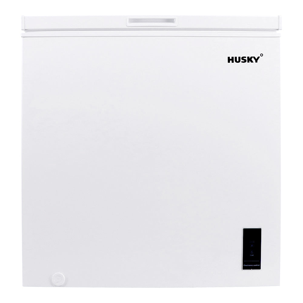 Husky 198L Solid Door Hybrid Chest Fridge and Freezer in white, front view