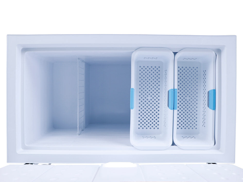 Top-down view of an open Husky hybrid chest fridge and freezer with storage basket