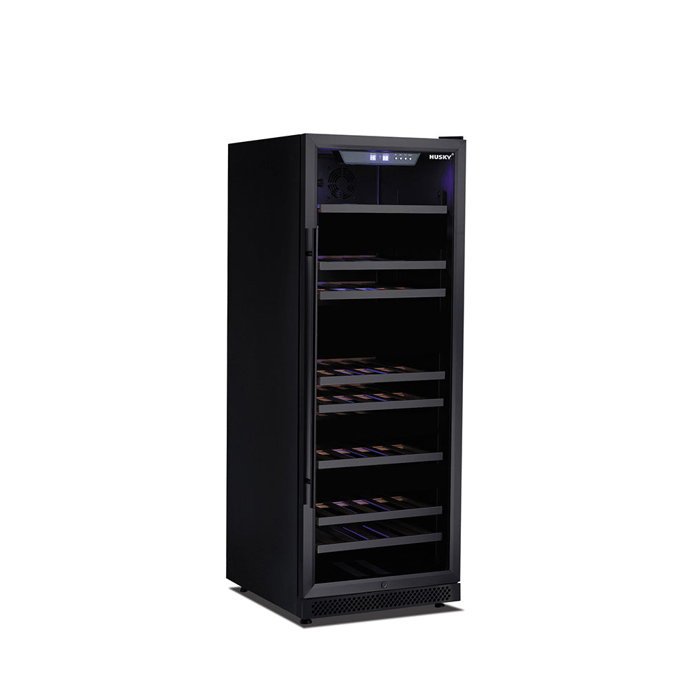 Husky Riserva 380L dual zone freestanding wine fridge in matt black, glass door.