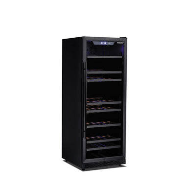 Husky Riserva 380L dual zone freestanding wine fridge in matt black, glass door.