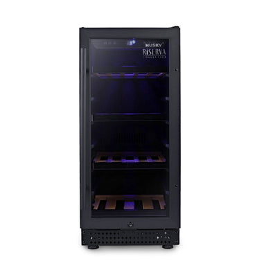 Husky Riserva 80L single zone wine fridge in matt black, glass door.