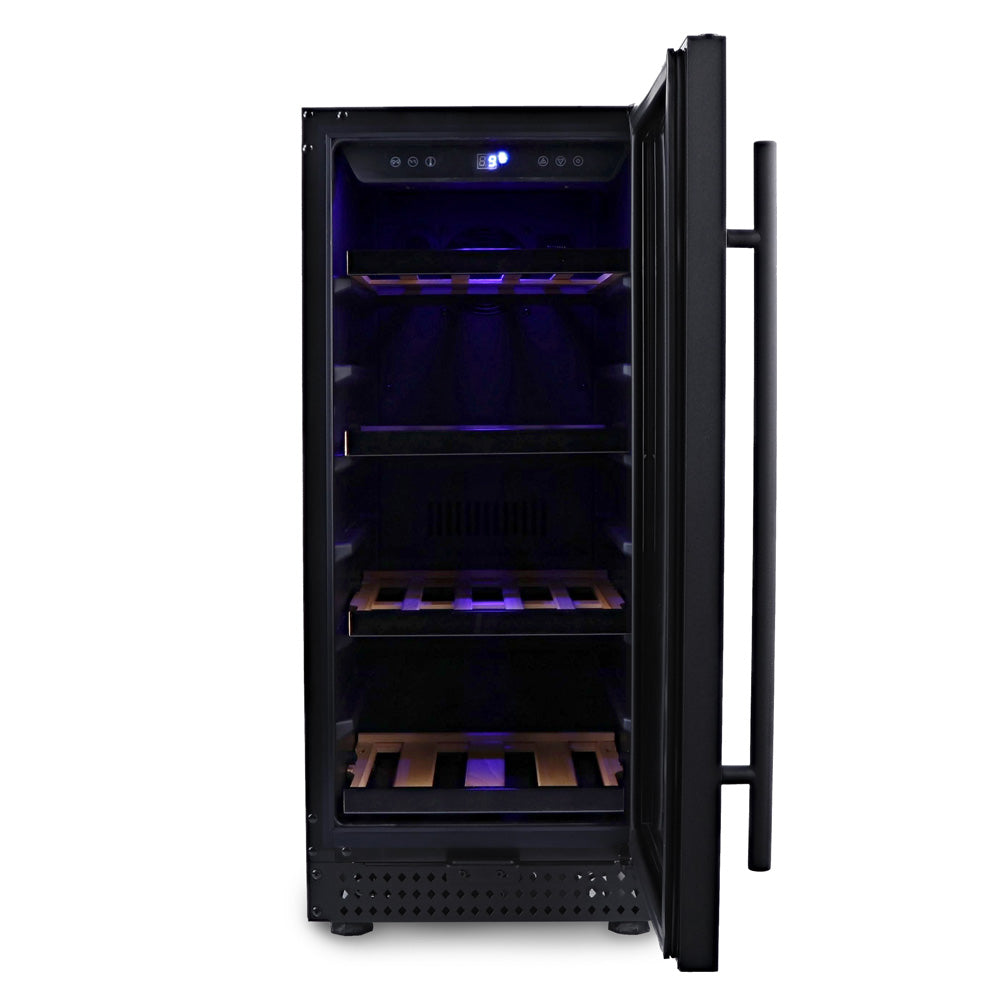 Husky Riserva 80L wine fridge, beechwood shelving detail.