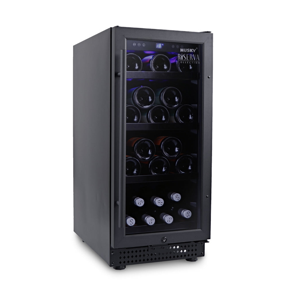 Husky Riserva 80L wine fridge, matt black cabinet with bottles.