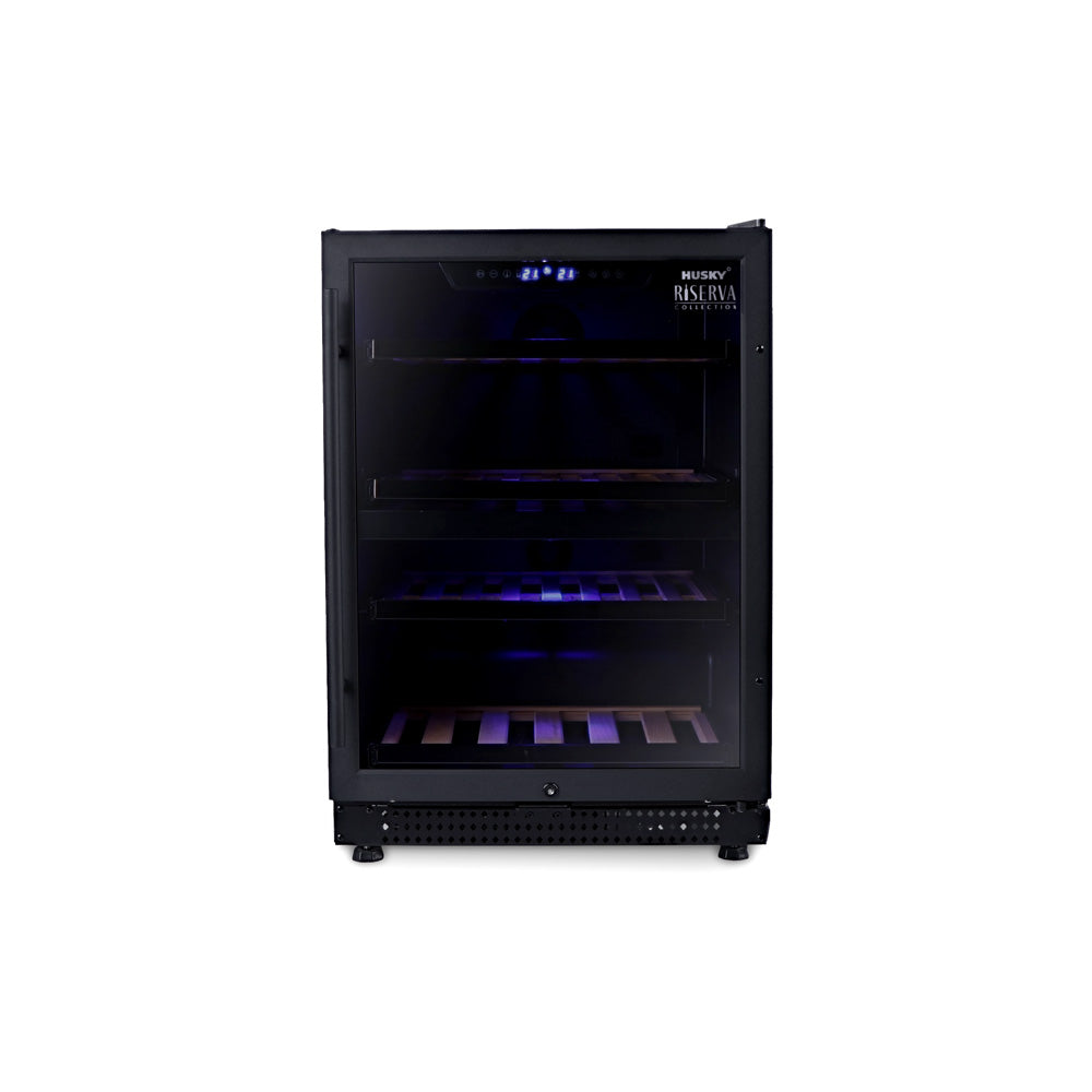 Husky Riserva 154L dual zone wine fridge in matt black, glass door.