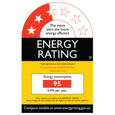 Energy rating label for the Husky 48L mini glass door bar fridge