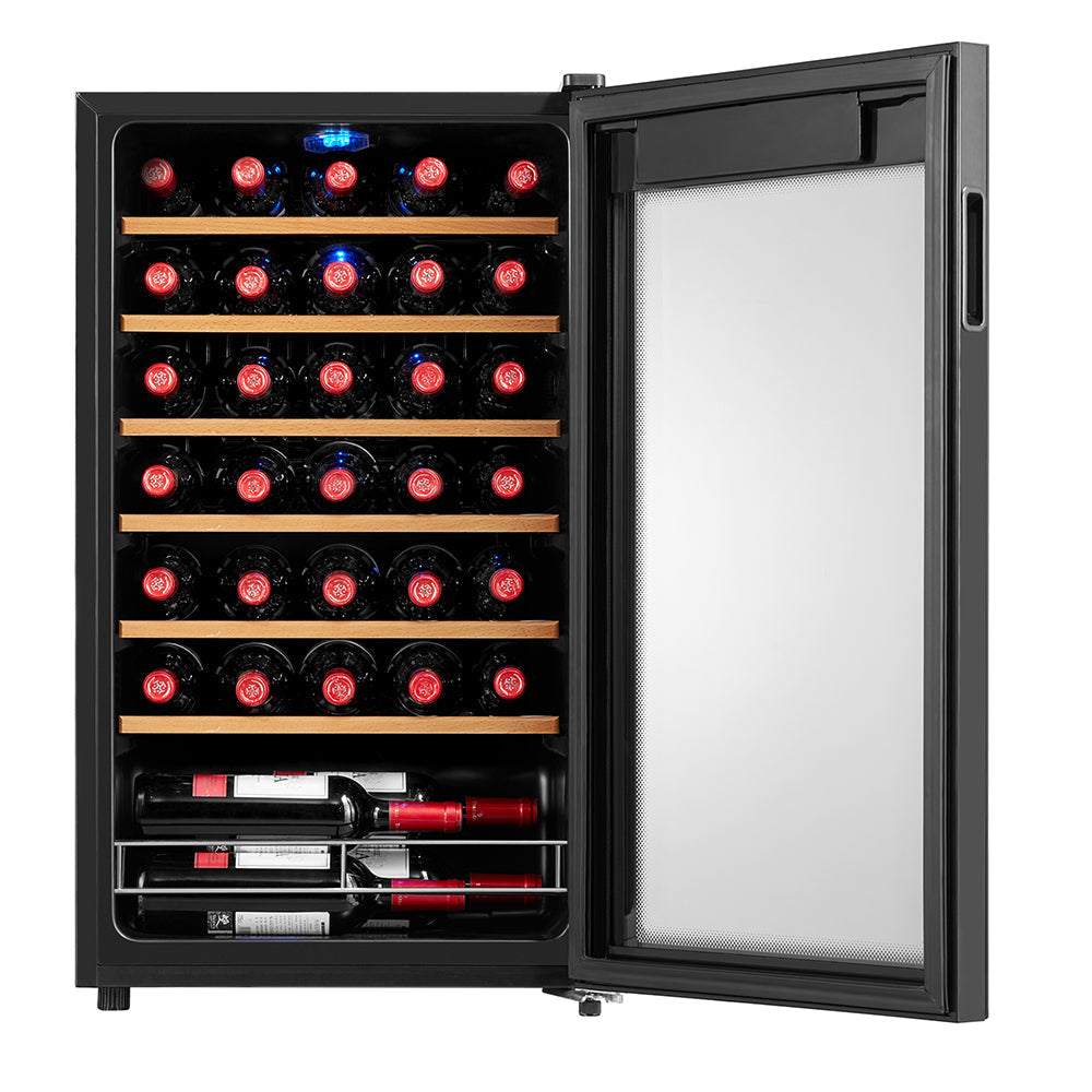 Husky Vino Pro 93L wine fridge holding 34 Bordeaux bottles on beech wood shelves.