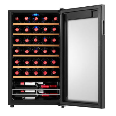Husky Vino Pro 93L wine fridge holding 34 Bordeaux bottles on beech wood shelves.