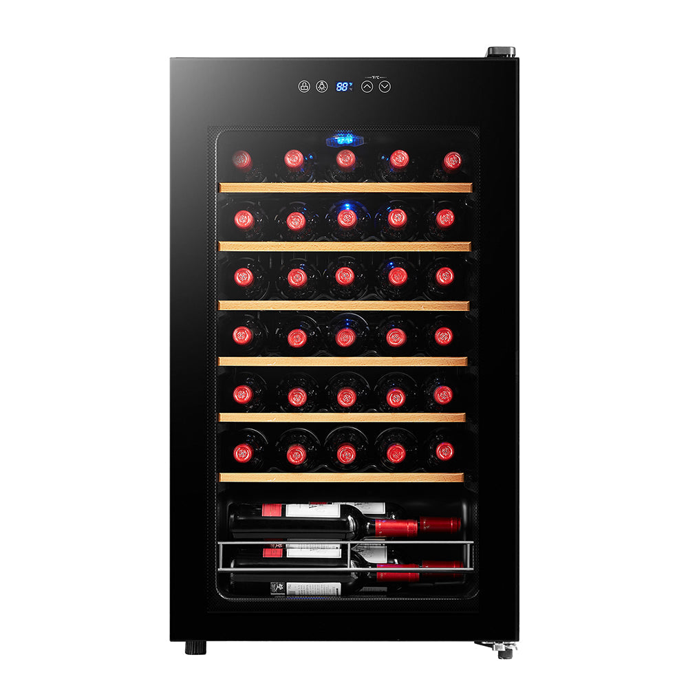 Husky Vino Pro 93L single zone wine fridge with black door trim.
