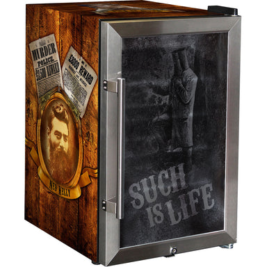 Schmick Ned Kelly themed bar fridge, 70 litre, right hinge, front view