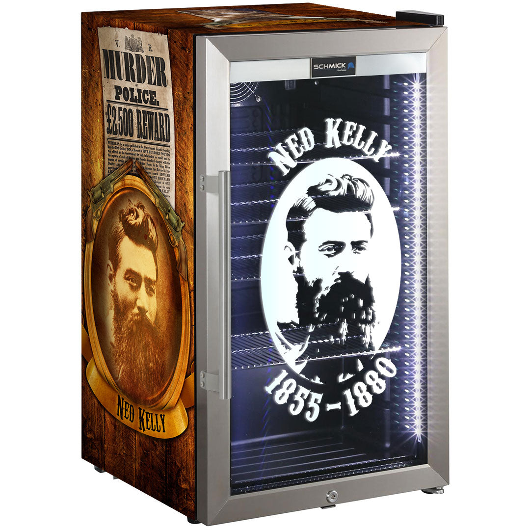 Schmick Ned Kelly themed bar fridge, 98 litre, front view