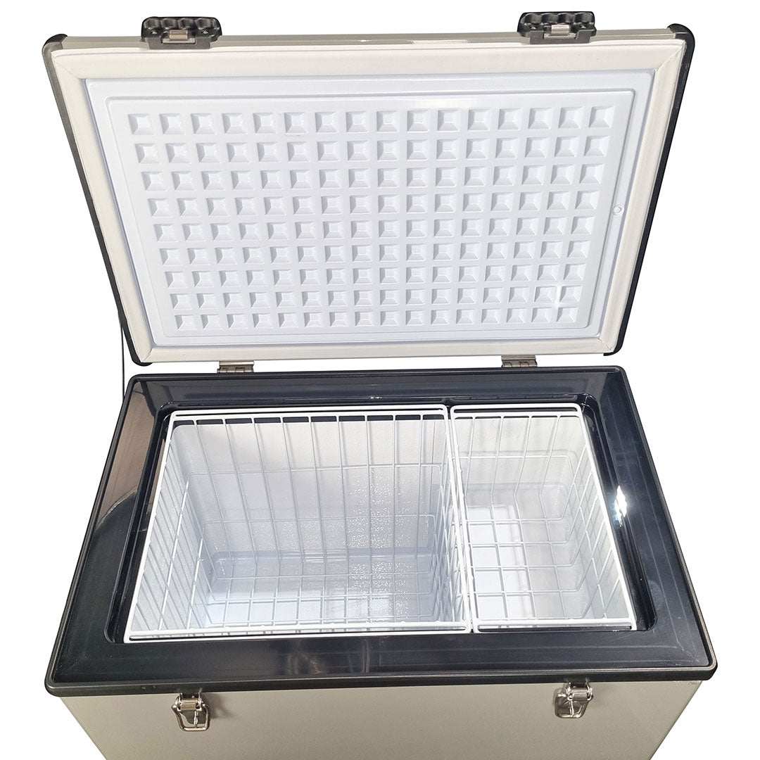 Schmick portable camping fridge freezer, loaded with 69 cans