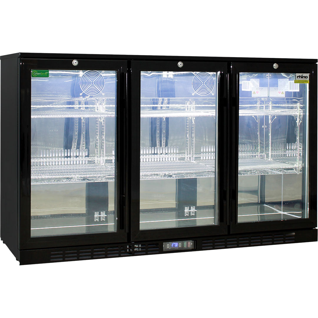 Rhino black glass door bar fridge 330L, angle view