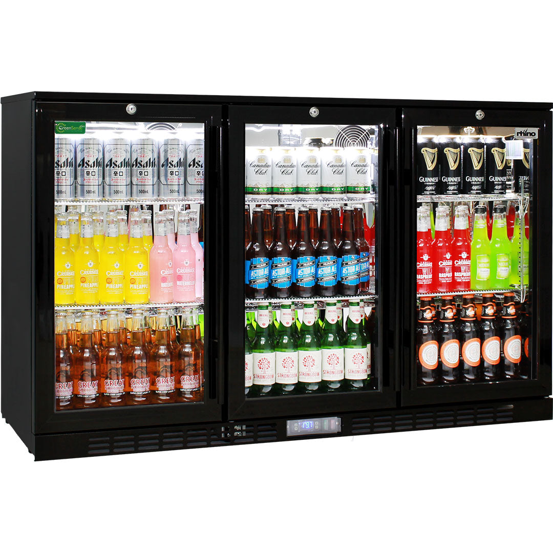Rhino black heated glass bar fridge 330L, front view