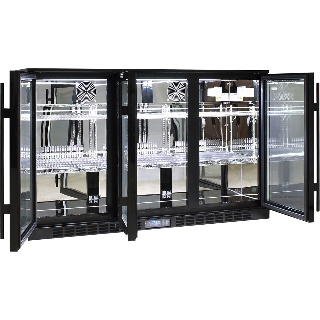 Rhino black glass door bar fridge 330L, interior shelving