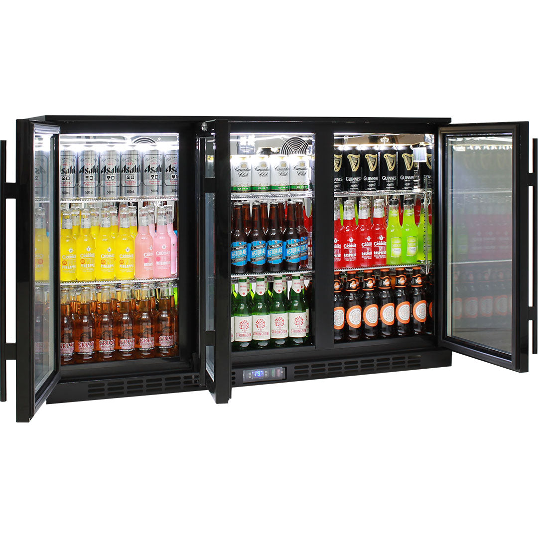 Rhino black heated glass bar fridge 330L, angle view