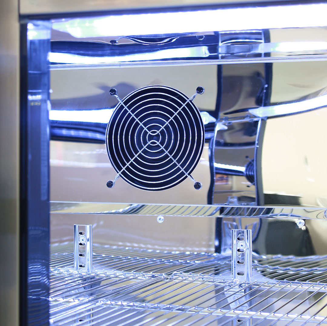 Rhino heated glass bar fridge 208L, angle view