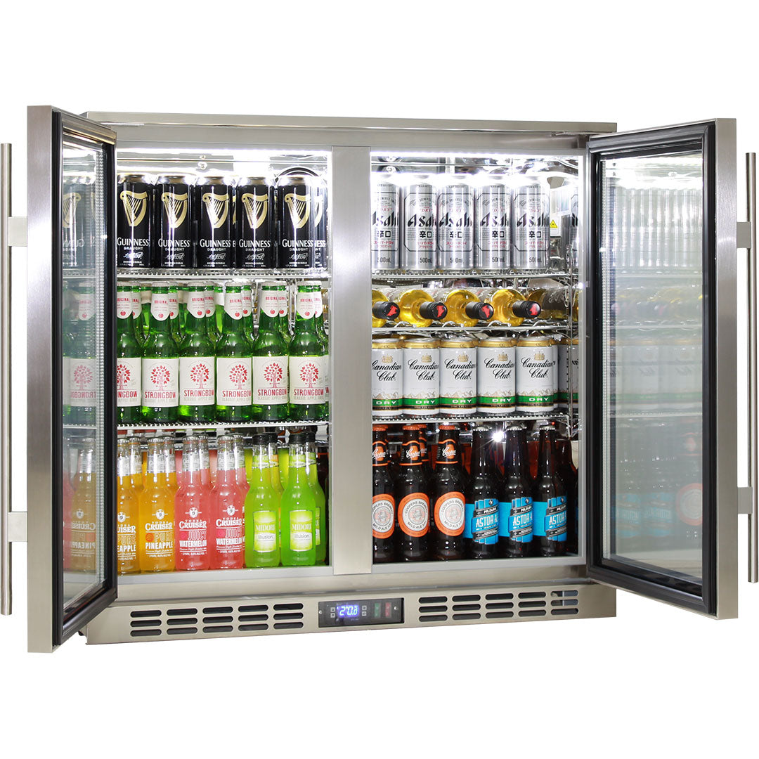 Rhino heated glass bar fridge 208L, side view