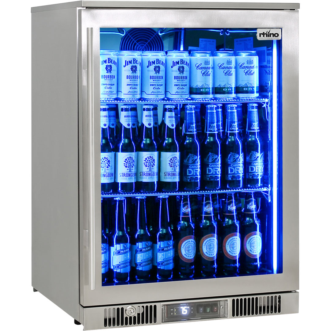 Rhino ENVY 316 bar fridge 148L stocked, with the blue interior lighting on