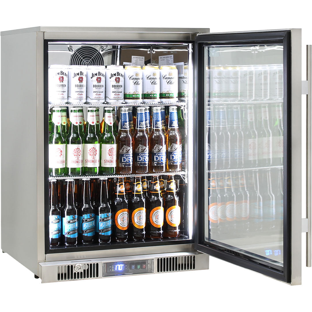 Rhino ENVY 316 bar fridge 148L with the door open, stocked with bottles