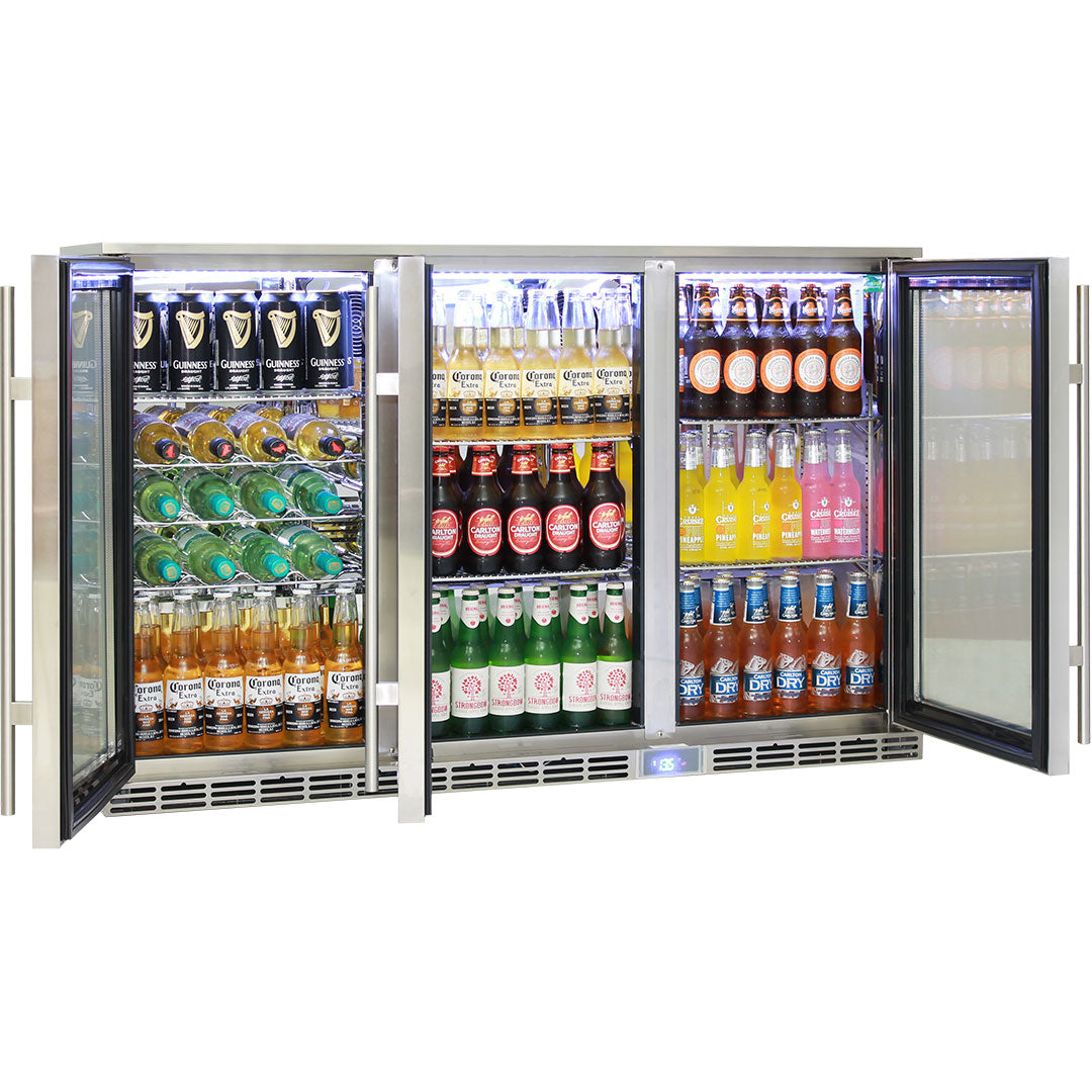 Rhino GSP outdoor bar fridge 330L with the doors open, stocked with bottles
