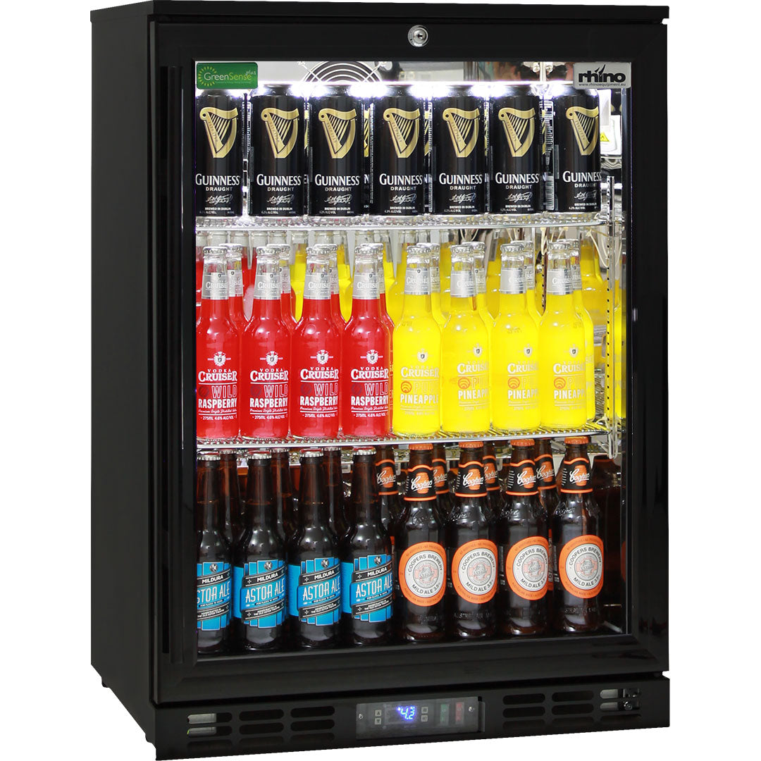 Rhino black heated glass bar fridge 129L, side view