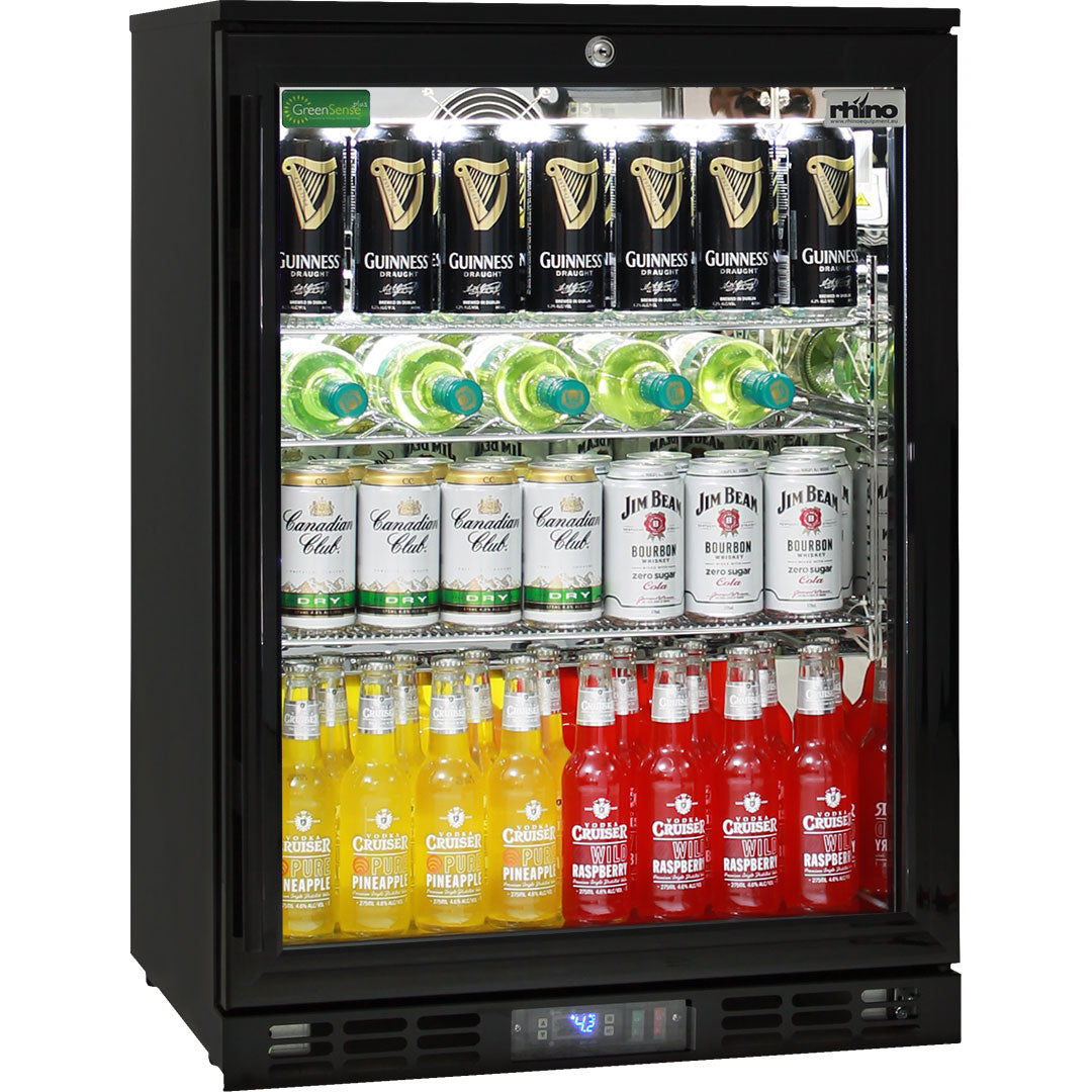 Rhino black glass door bar fridge 129L, side view