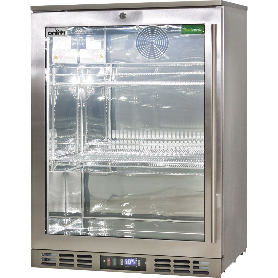 Rhino stainless heated glass bar fridge 129L, left hinged, angle view