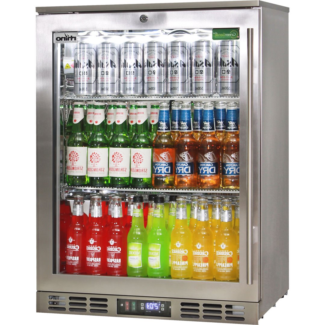 Rhino stainless heated glass bar fridge 129L, left hinged, front view