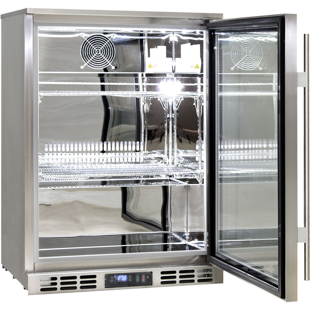 Rhino stainless heated glass bar fridge 129L, interior shelving