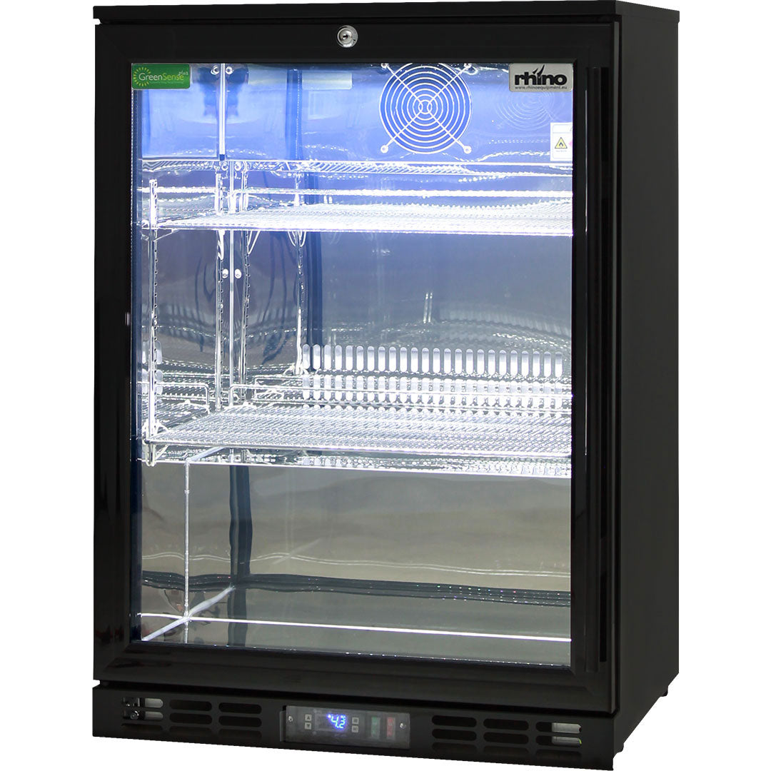 Rhino black heated glass bar fridge 129L, left hinged, angle view