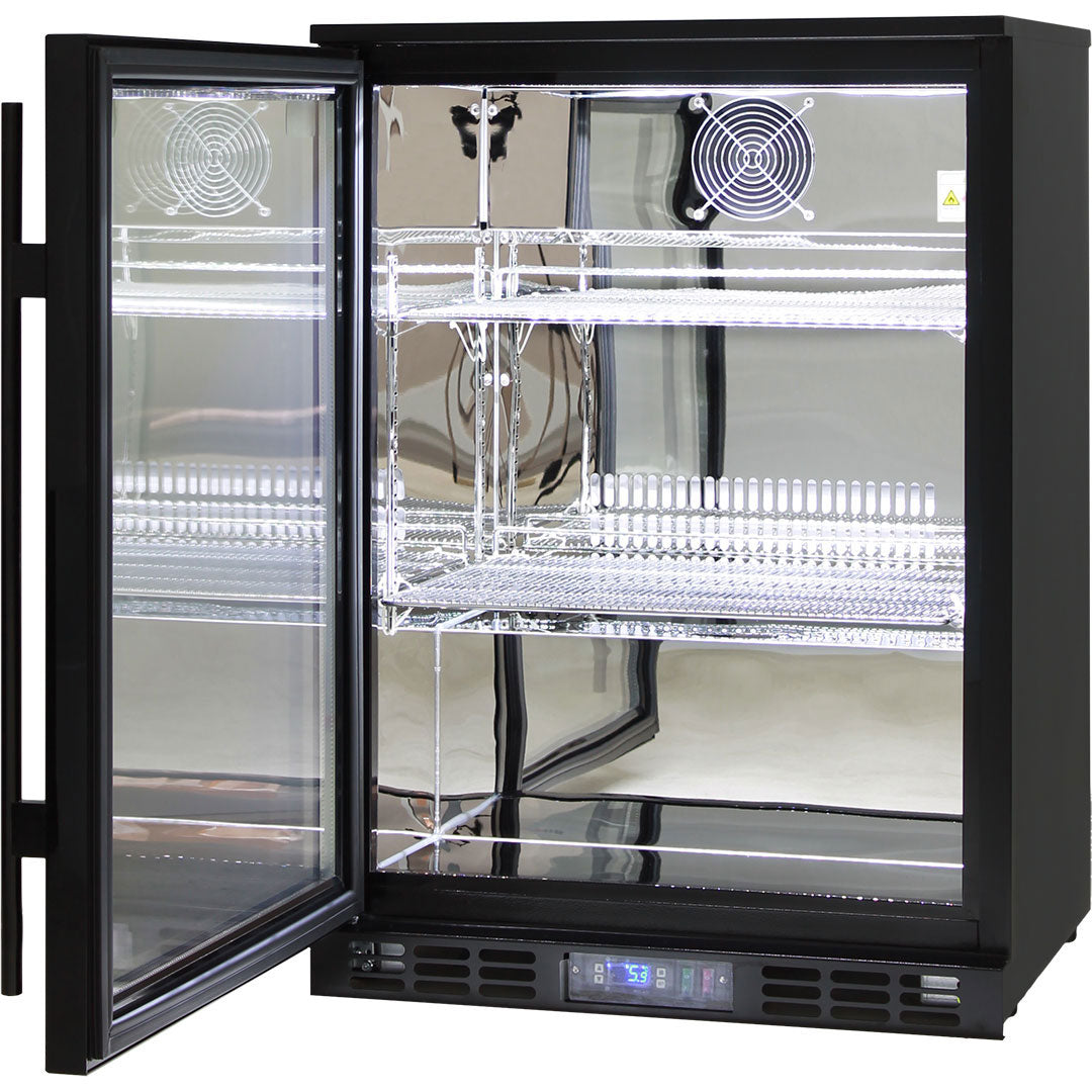 Rhino black glass door bar fridge 129L, left hinged, angle view