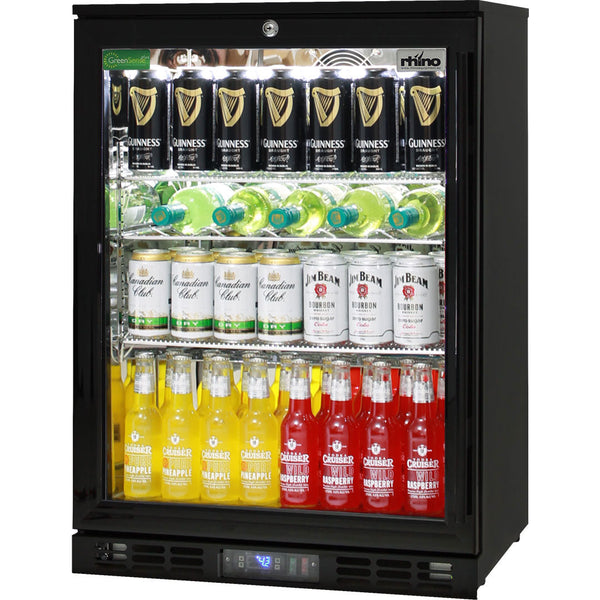 Rhino black heated glass bar fridge 129L, left hinged, front view