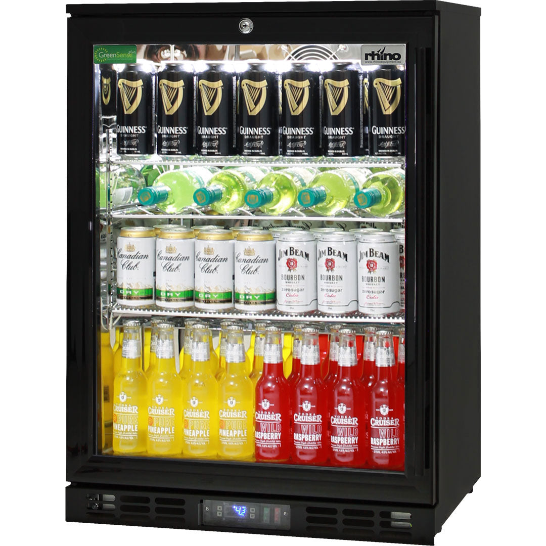 Rhino black heated glass bar fridge 129L, left hinged, front view