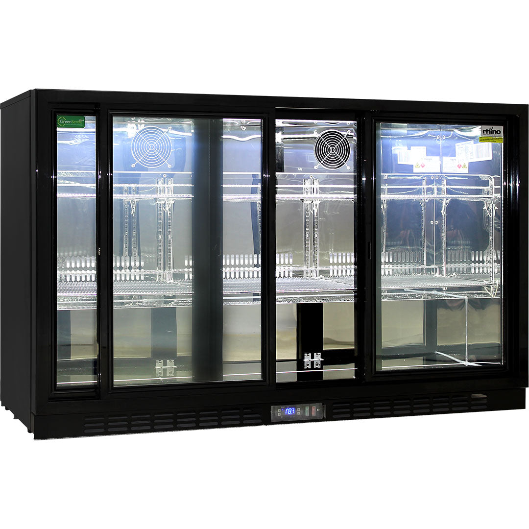 Rhino sliding glass door bar fridge 330L, angle view