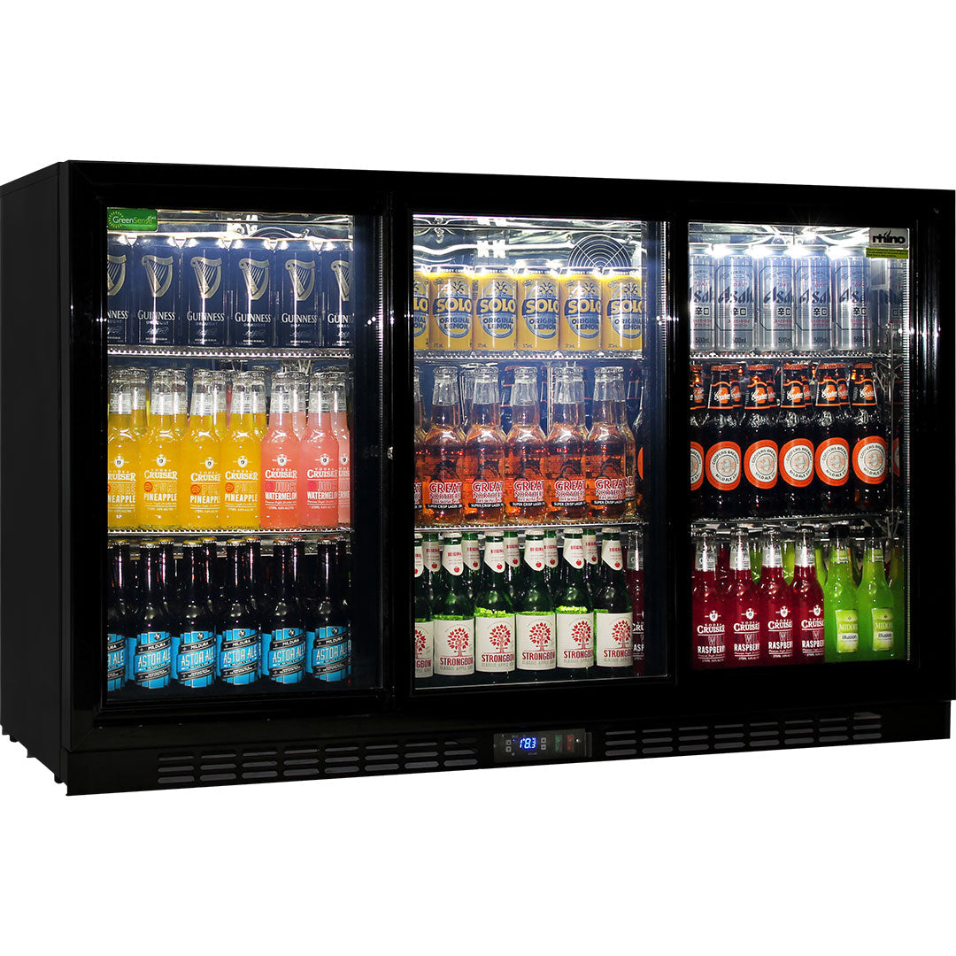 Rhino sliding glass door bar fridge 330L, interior shelving
