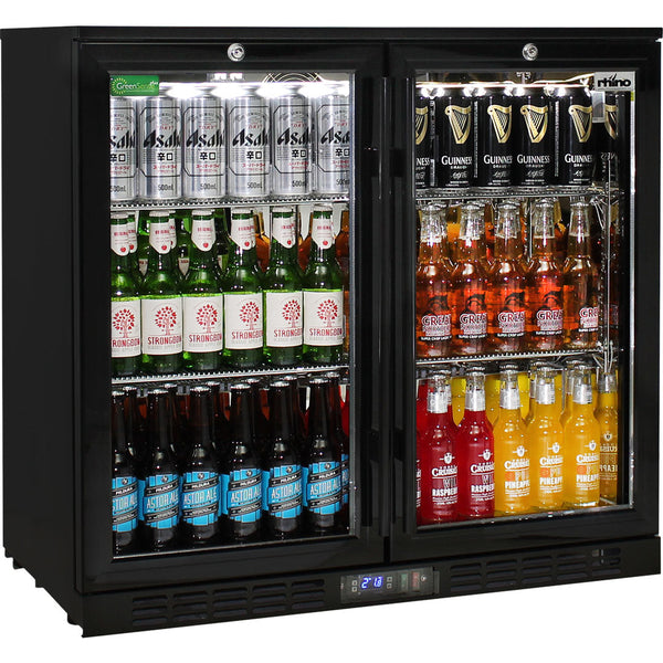 Rhino black glass door bar fridge 208L, front view