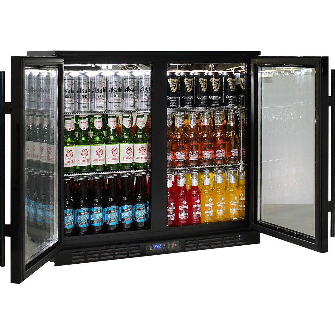 Rhino black glass door bar fridge 208L, angle view
