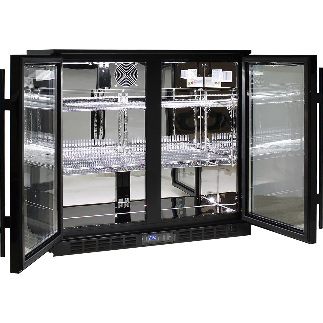 Rhino black glass door bar fridge 208L, interior shelving