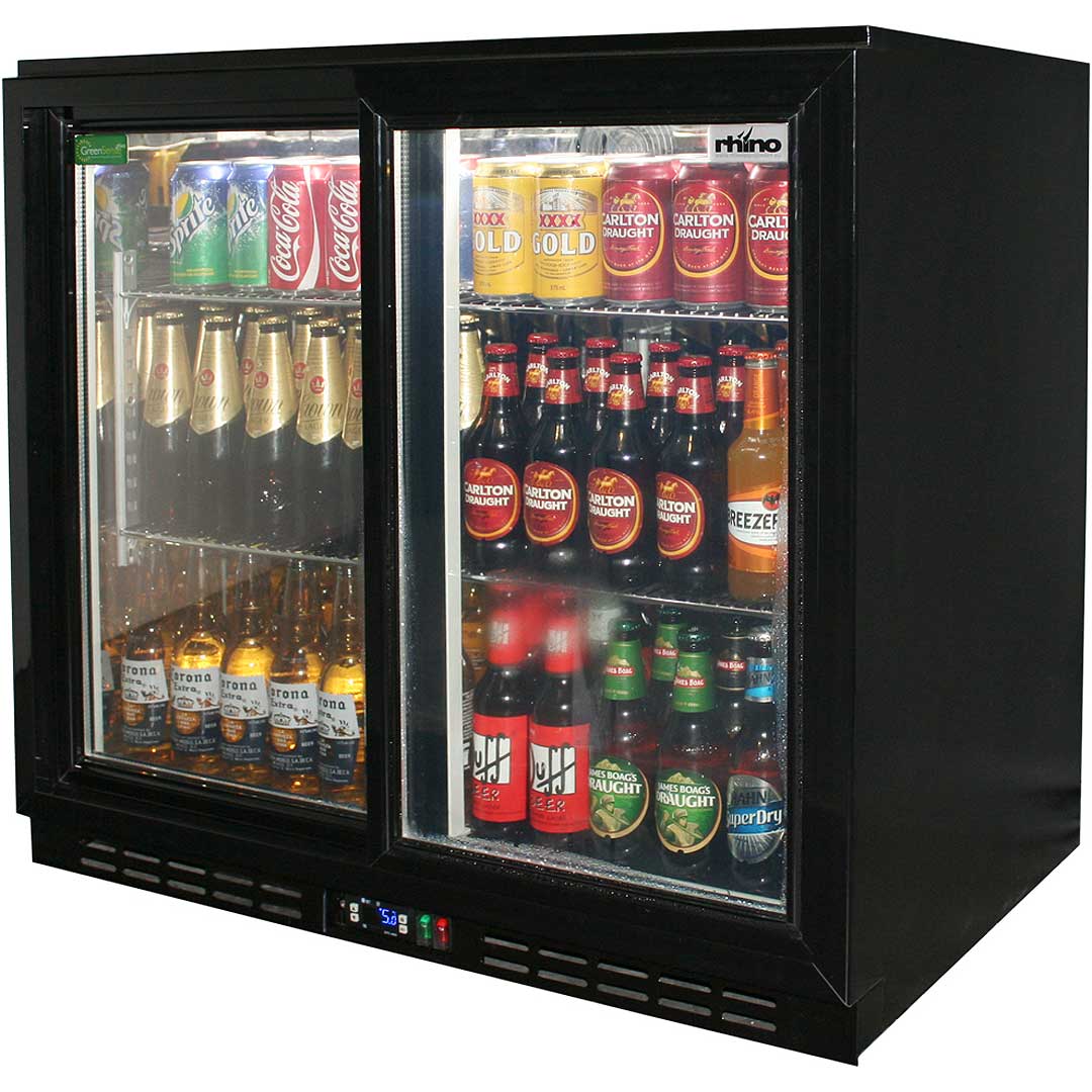 Rhino sliding glass door bar fridge 208L, angle view