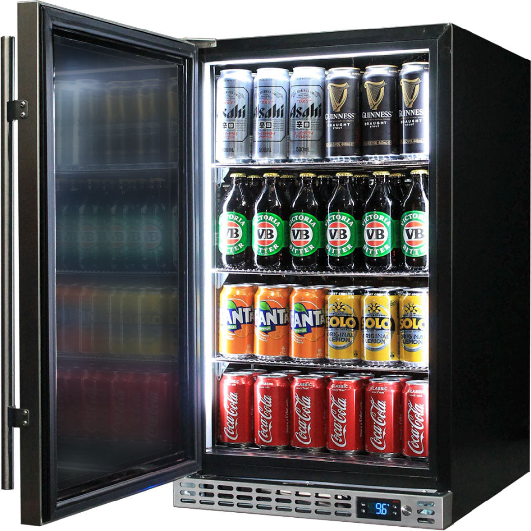 Schmick solid-door bar fridge 132 cans, interior shelving