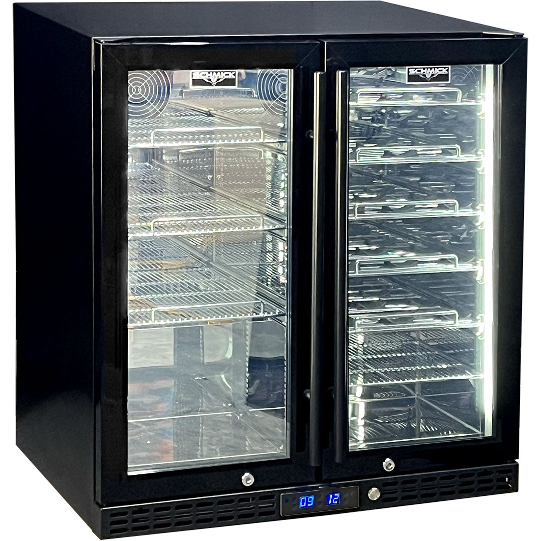 Schmick twin-zone bar fridge 215L, black grille, interior shelving