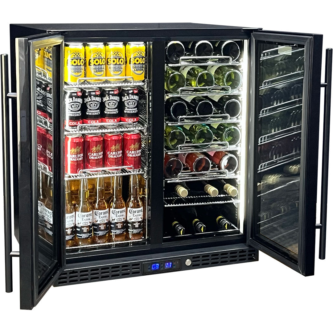Schmick twin-zone bar fridge 215L, black grille, side view