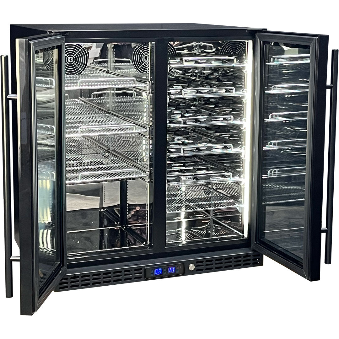 Schmick twin-zone bar fridge 215L, black grille, detail view